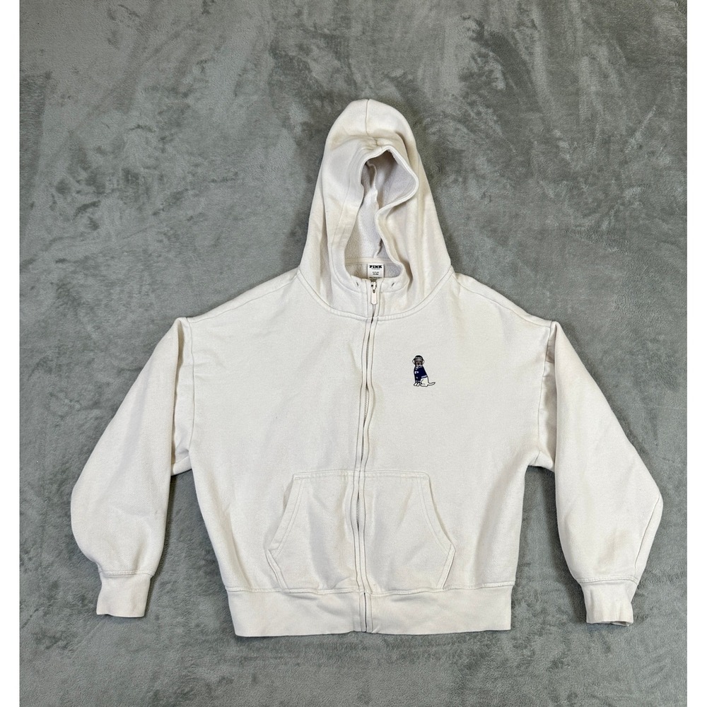 Victoria's Secret PINK Full Zip Hoodie Cream Graphic Logo Sweatshirt Small